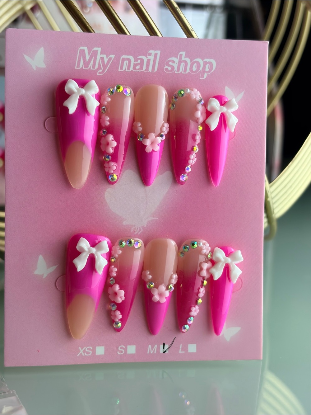 Hot Pink 3D Bow & Rhinestone Stiletto Press-On Nails Medium